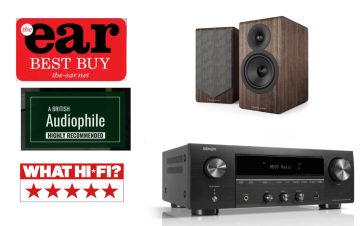 מערכת סטריאו לבית בשילוב רמקולים מדפיים AE300.2 ומגבר סטריאו DENON DRA900