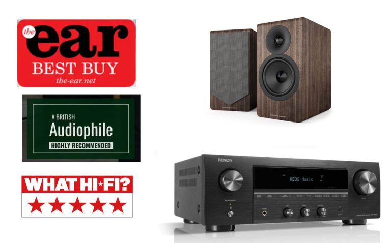 מערכת סטריאו לבית בשילוב רמקולים מדפיים AE300.2 ומגבר סטריאו DENON DRA900