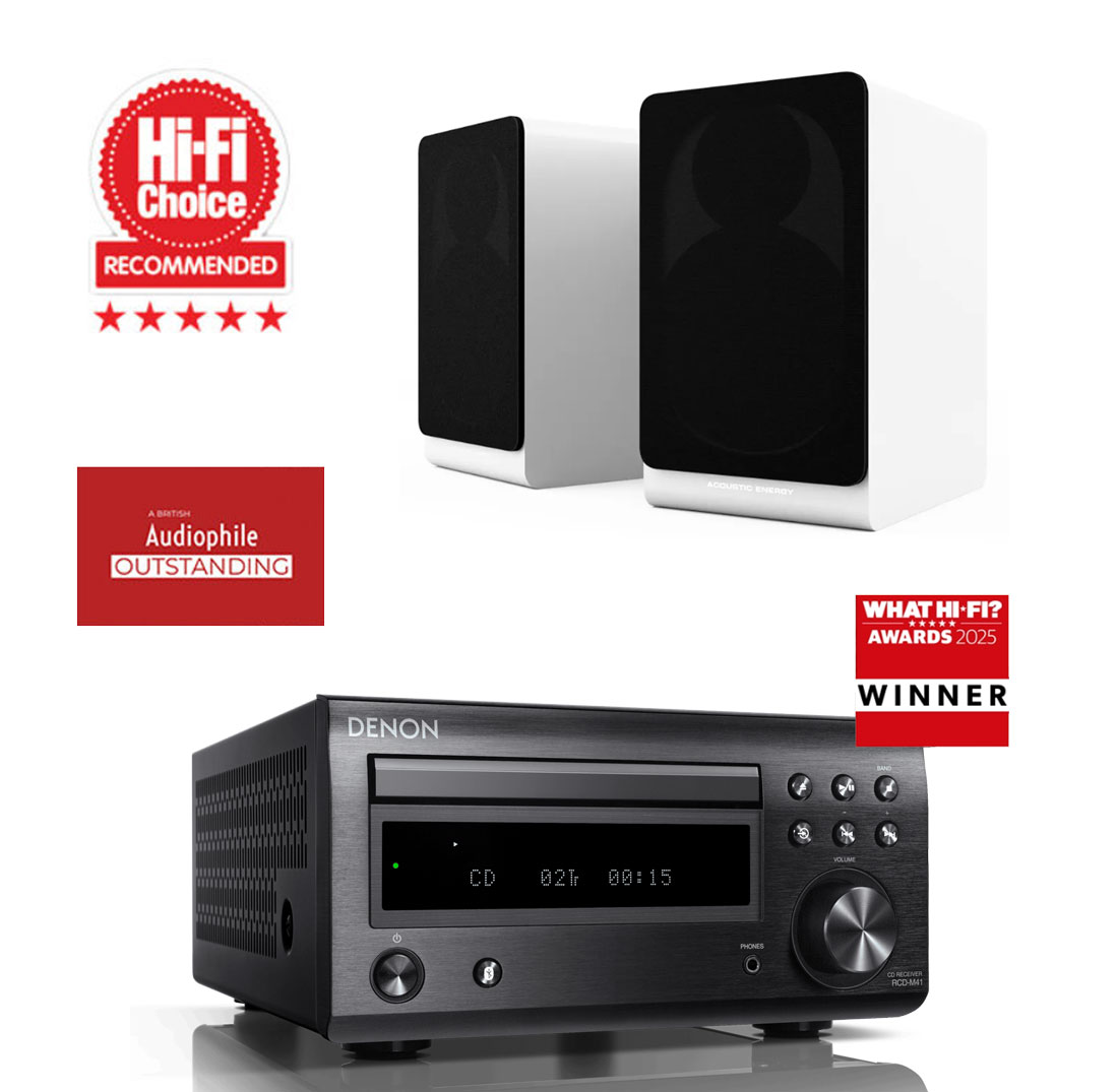 D-M41-DENON-+-AE100.2 מערכת סטריאו משולבת CD רמקולים מדפיים ונגן CD