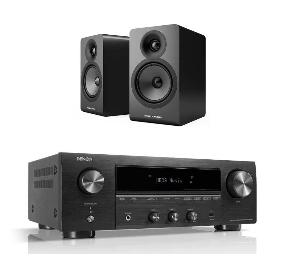 DENON-+-AE מערכת סטריאו הכוללת מגבר Denon DRA-900H ורמקולים Acoustic Energy AE100.2 – עיצוב אלגנטי וצליל חי ונושם